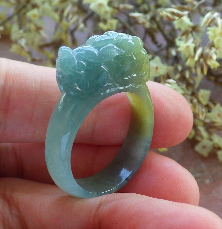Certified Icy Green Yellow 100% Burma Natural A JADE Jadeite Dragon Pi Xiu RING USA. 8.75 风水貔貅戒指 523196 TN