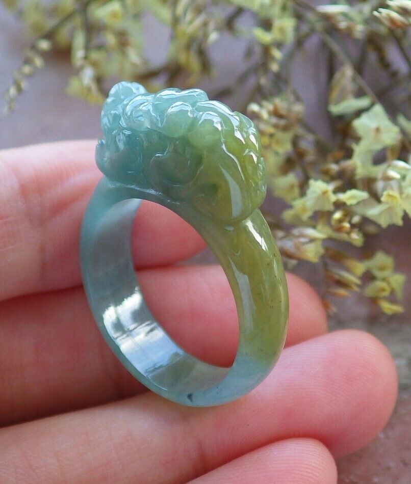 Certified Icy Green Yellow 100% Burma Natural A JADE Jadeite Dragon Pi Xiu RING USA. 8.75 风水貔貅戒指 523196 TN