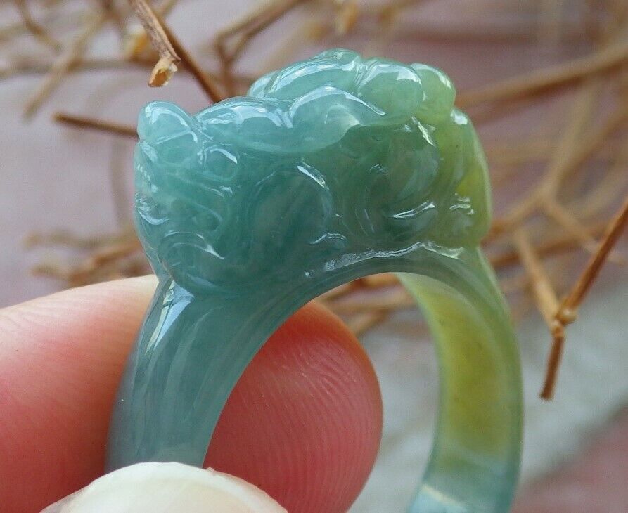 Certified Icy Green Yellow 100% Burma Natural A JADE Jadeite Dragon Pi Xiu RING USA. 8.75 风水貔貅戒指 523196 TN