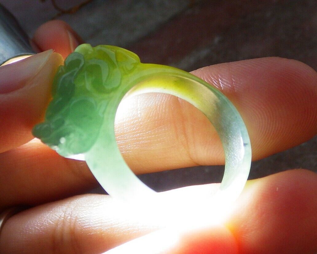 Certified Icy Green Yellow 100% Burma Natural A JADE Jadeite Dragon Pi Xiu RING USA. 8.75 风水貔貅戒指 523196 TN