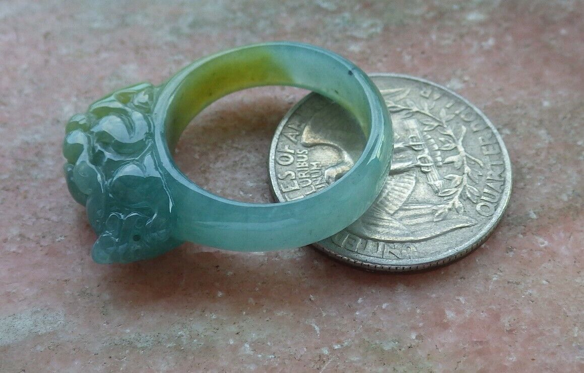 Certified Icy Green Yellow 100% Burma Natural A JADE Jadeite Dragon Pi Xiu RING USA. 8.75 风水貔貅戒指 523196 TN