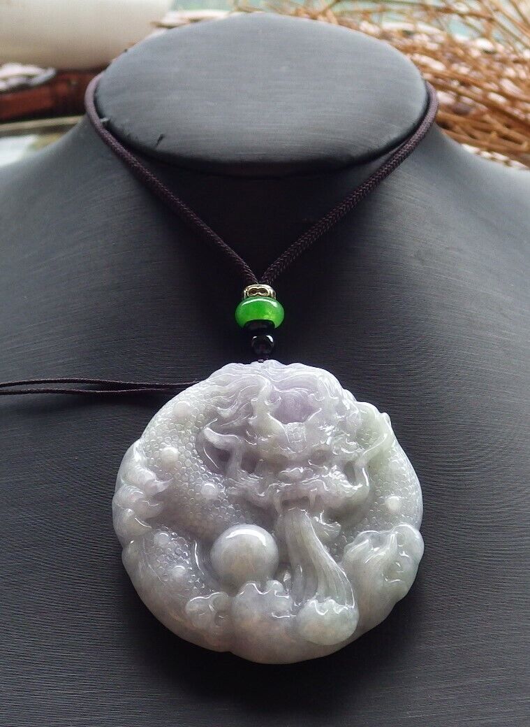 Certified Lavender Green 100% Burma Natural A Jade jadeite Pendant Dragon Bead Ruyi Necklace 生意兴隆 523257 TN