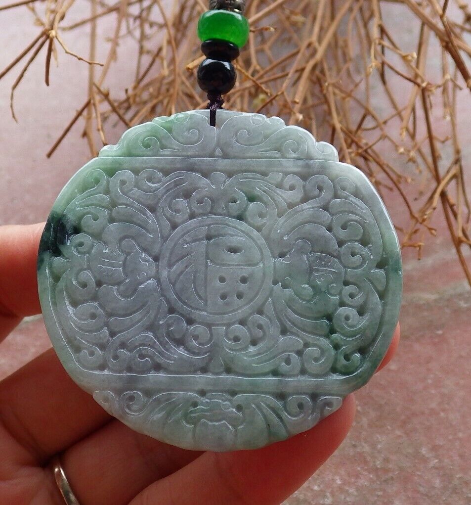 Certified Green Pale Lavender 100% Burma Natural A Jade jadeite Pendant Bat Dragon Flower Coin Ruyi * Fu * Necklace 龙蝙蝠花牌 523283 TN