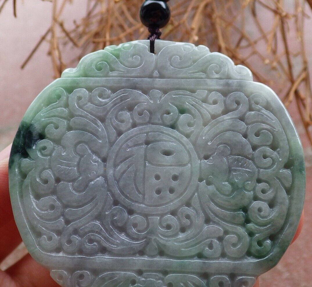 Certified Green Pale Lavender 100% Burma Natural A Jade jadeite Pendant Bat Dragon Flower Coin Ruyi * Fu * Necklace 龙蝙蝠花牌 523283 TN