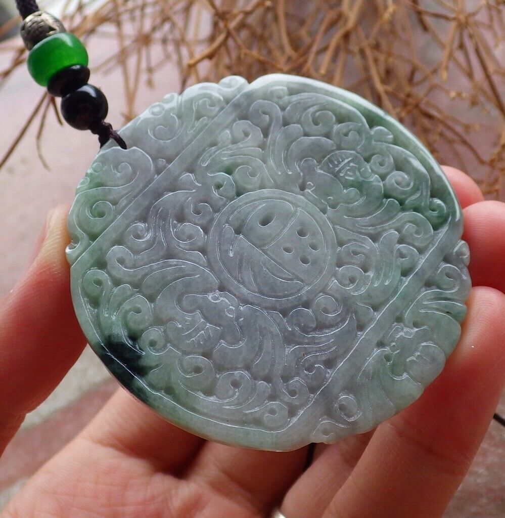 Certified Green Pale Lavender 100% Burma Natural A Jade jadeite Pendant Bat Dragon Flower Coin Ruyi * Fu * Necklace 龙蝙蝠花牌 523283 TN