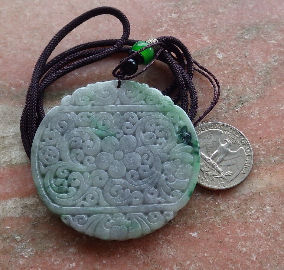 Certified Green Pale Lavender 100% Burma Natural A Jade jadeite Pendant Bat Dragon Flower Coin Ruyi * Fu * Necklace 龙蝙蝠花牌 523283 TN