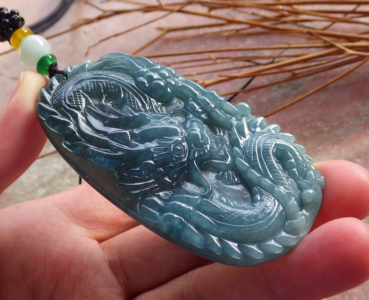 Certified Icy Blue Water Burma Natural A Jade jadeite Pendant Dragon 生意兴隆 585440 TN