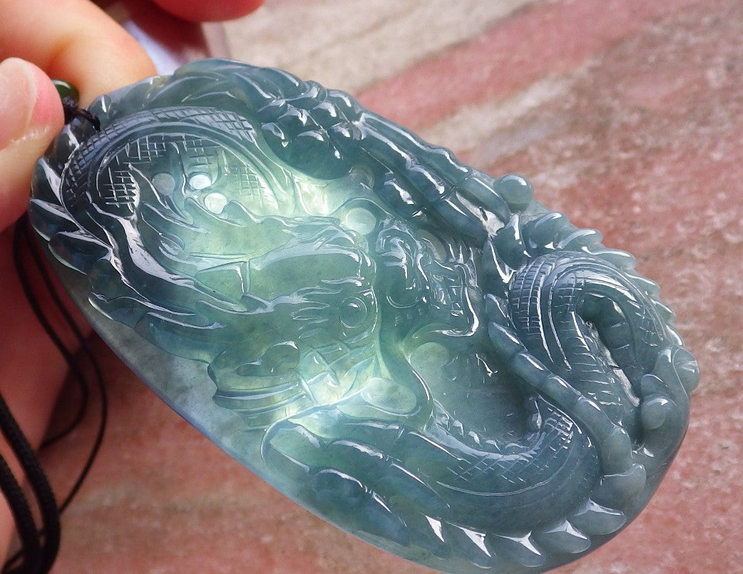 Certified Icy Blue Water Burma Natural A Jade jadeite Pendant Dragon 生意兴隆 585440 TN