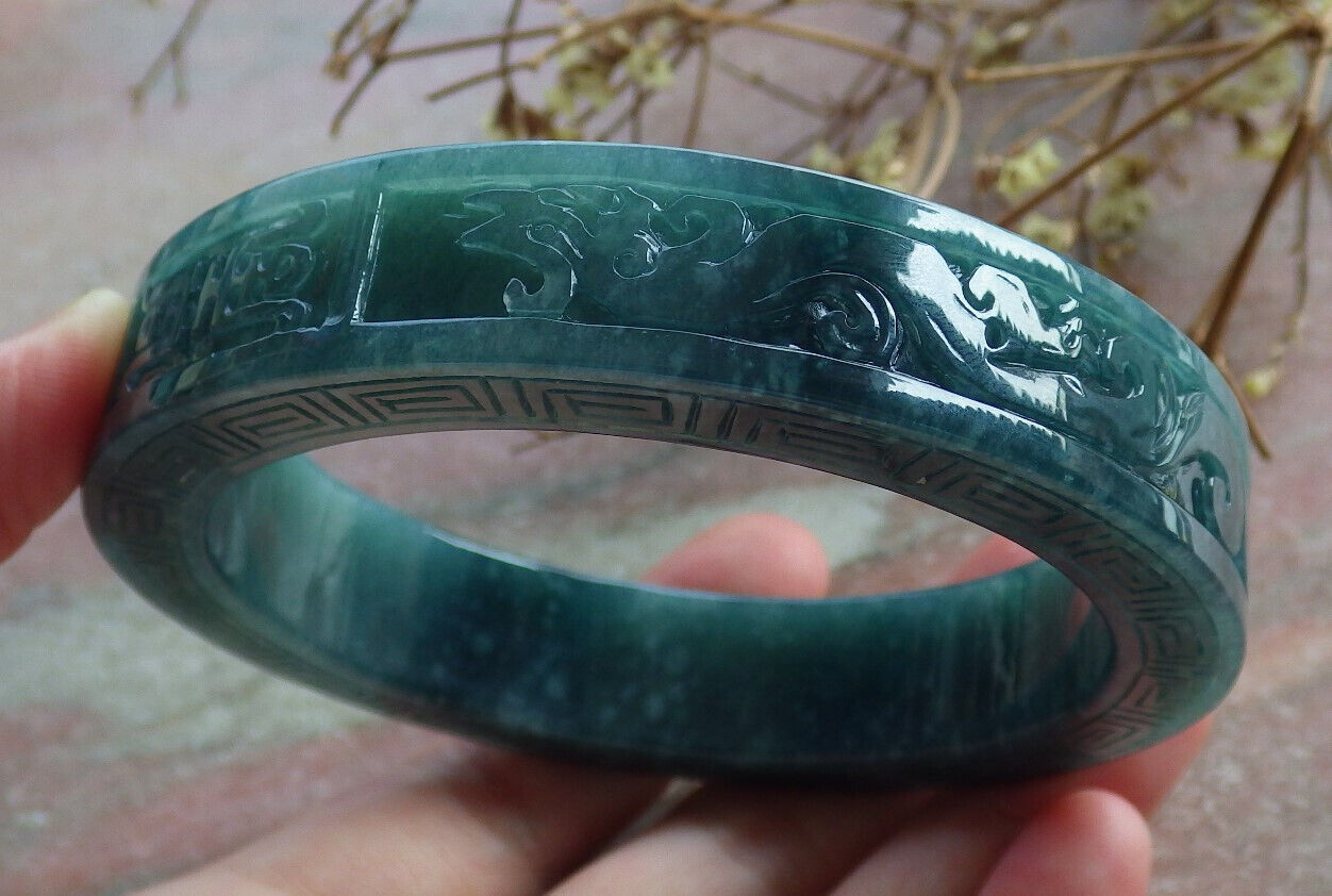 Certified Icy Green Burma 100% Natural A JADE Jadeite Dragon Phoenix Bangle Bracelet 64 mm 手镯 633660 TN