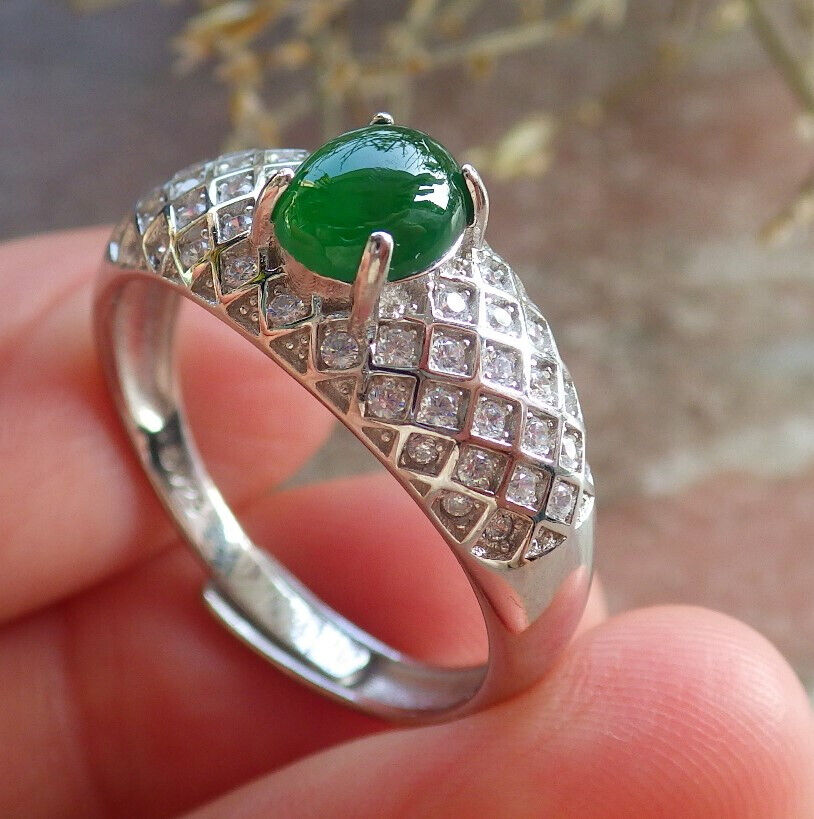 Certified Icy Green silver 0.925 Burma 100% Natural A JADE Jadeite Cabochon RING USA 10 戒指 645801 TN