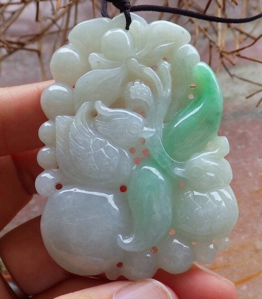 Certified Green 100% Natural A Jade jadeite Pendant Mandarin Duck Phoenix Lotus Flower Ruyi Necklace 鸳鸯 528863 TN