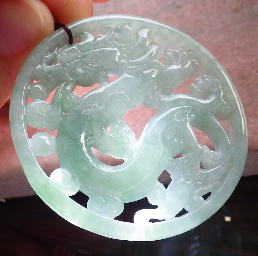 Certified Green Burma 100% Natural A Jade jadeite Pendant Dragon Ruyi Circle Necklace 生意兴隆 646479 TN