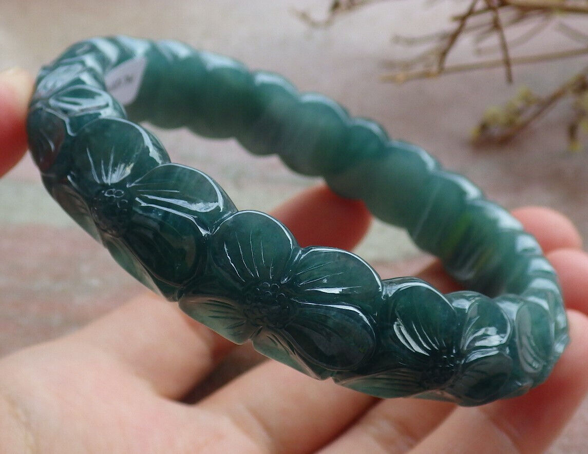 Certified Icy Blue Water Green Burma 100% Natural A JADE Jadeite Flower Bangle Bracelet 64 mm 635331 TN