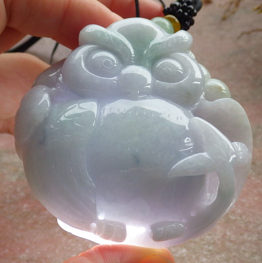 Certified Green Burma 100% Natural A Jade jadeite Pendant Owl Ruyi Necklace 猫头鹰 633581 TN