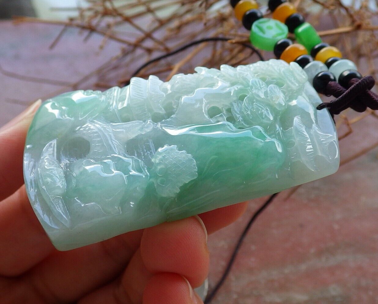 Certified Icy Green Burma 100% Natural A Jade jadeite Landscape painting Tree Necklace 山水画 525860 TN