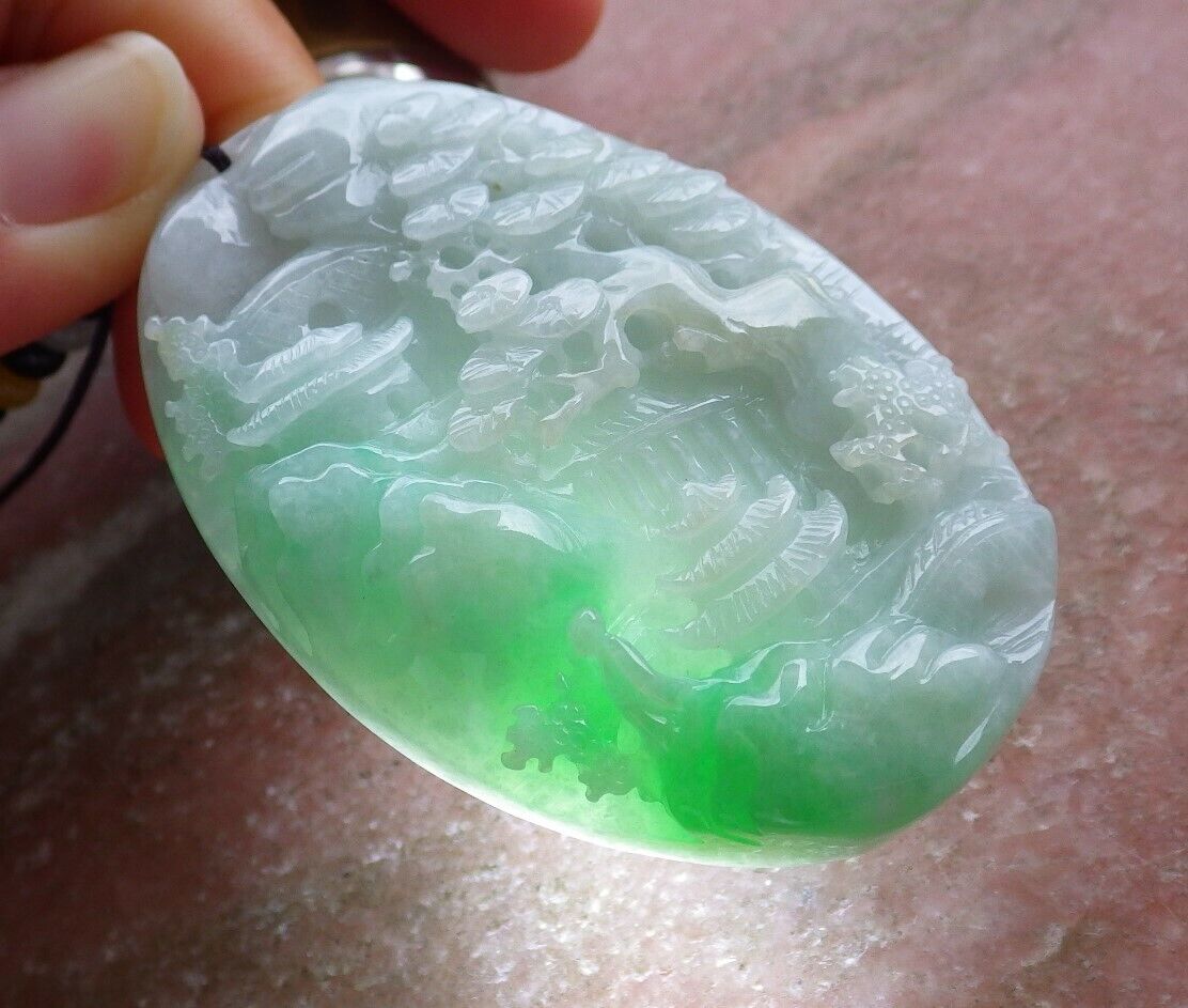 Certified Green Burma 100% Natural A Jade jadeite Landscape painting Tree Necklace 山水画 525706 TN