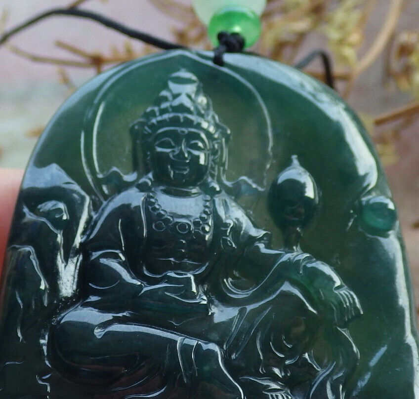Certified Icy Blue Water Green Burma 100% Natural A Jade jadeite Pendant Guanyin Kwan Yin Dragon Flower Necklace 观音 633868 TN