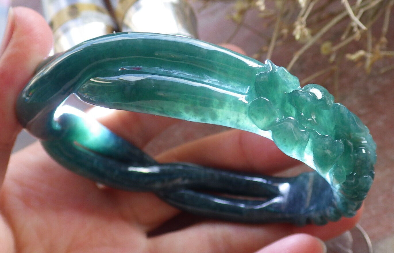 Certified Icy Green Burma 100% Natural A JADE Jadeite Flower Knotted Bangle Bracelet 64 mm 手镯 646718 TN