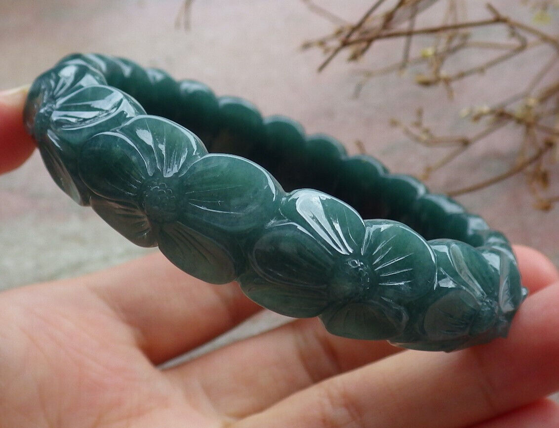 Certified Icy Green Burma 100% Natural A JADE Jadeite Flower Bangle Bracelet 60 mm 635415 AS