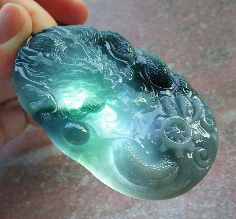 Certified Icy Green Pale Lavender Burma 100% Natural A Jade jadeite Pendant Dragon Bead Necklace 生意兴隆 634245 TN