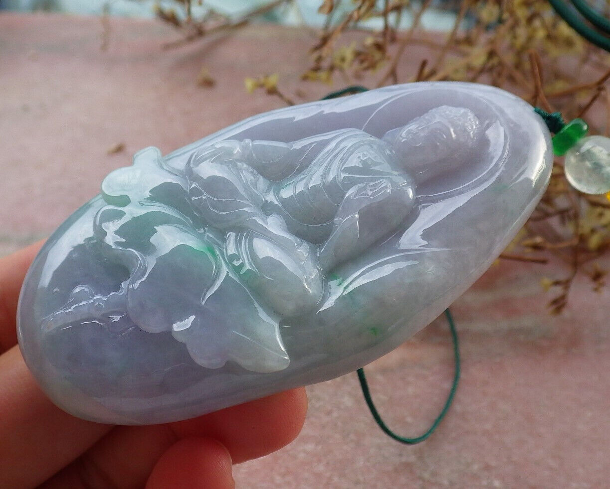 Certified Green Pale Lavender Burma 100% Natural A Jade jadeite pendant Sakyamuni Buddha God Lotus Leas Necklace 释迦牟尼 633609 TN