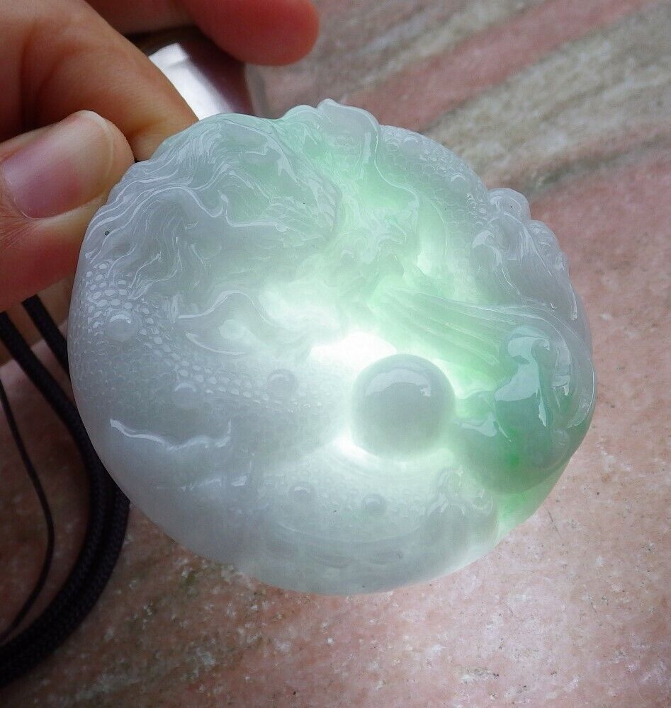 Certified Green 100% Natural A Jade jadeite pendant Dragon Lotus Flower Ruyi Bead Necklace 生意兴隆 520810 TN
