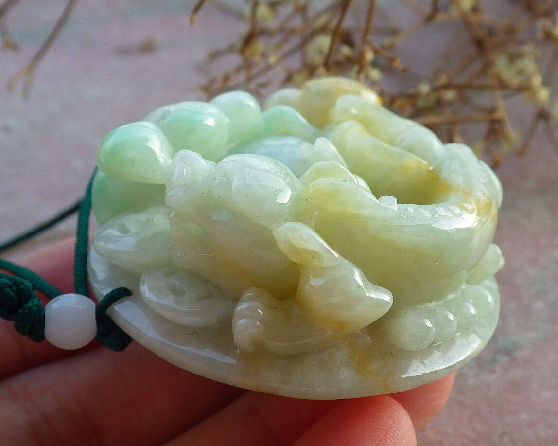 Certified Yellow Green Burma 100% Natural A Jade jadeite Pendant Dragon Pi Xiu Money Coin Ruyi Necklace 风水貔貅 634127 TN