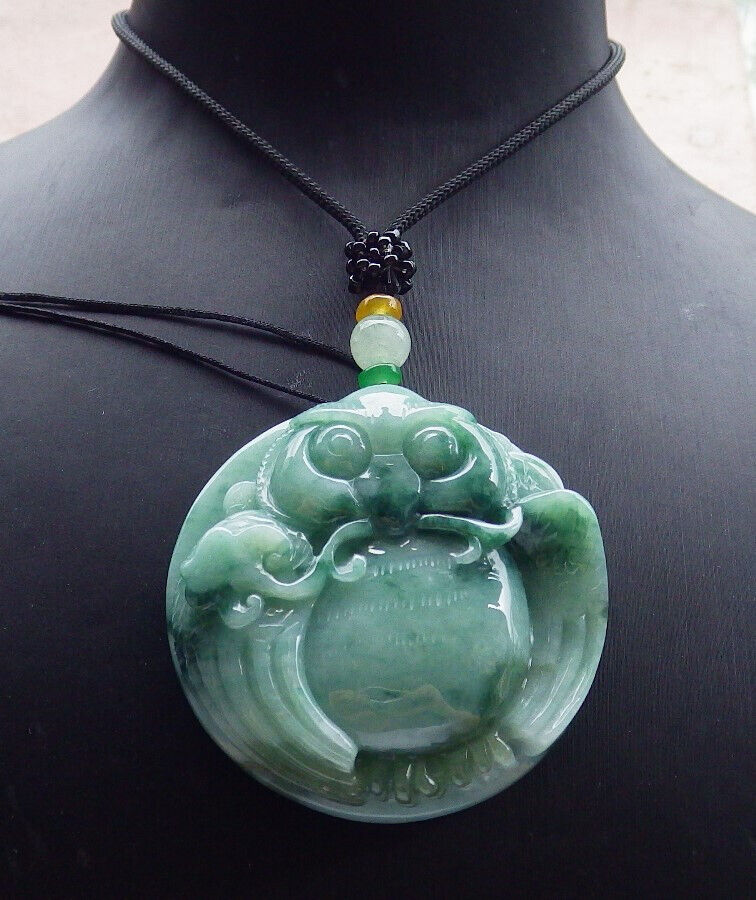 Certified Green Burma 100% Natural A Jade jadeite Pendant Owl Money Coin Ruyi Necklace 猫头鹰 632677 TN