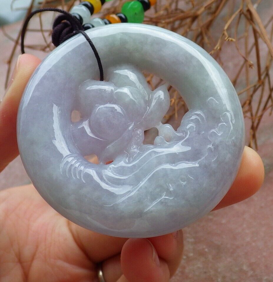 Certified Green Pale Lavender 100% Natural A Jade jadeite Pendant Lotus Flower Circle Necklace 花平安扣 526091 TN