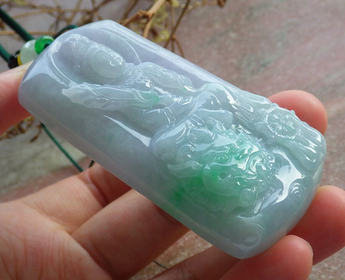 Certified Green Pale Lavender Burma 100% Natural A Jade jadeite Pendant Guanyin Kwan Yin Dragon Necklace 观音 633824 TN
