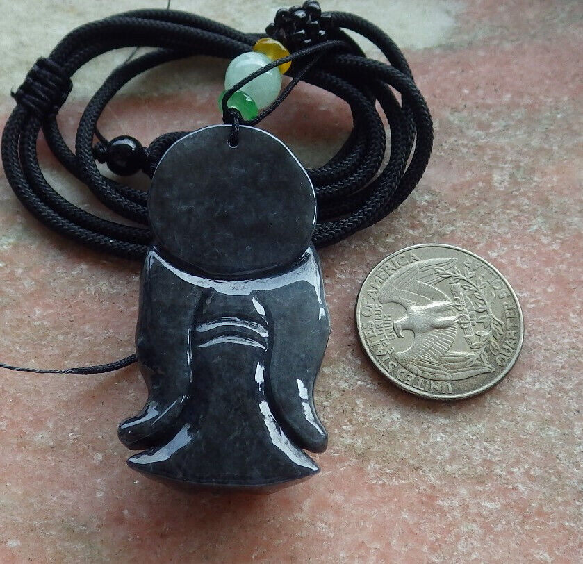 Certified Black Burma 100% Natural A Jade jadeite pendant Zhong Kui God Sword Fan Necklace 钟馗 633430 TN