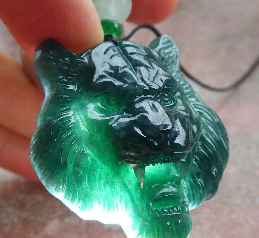 Certified Icy Green Burma 100% Natural A Jade jadeite Pendant Tiger Head Necklace 虎虎生威 636150 TN