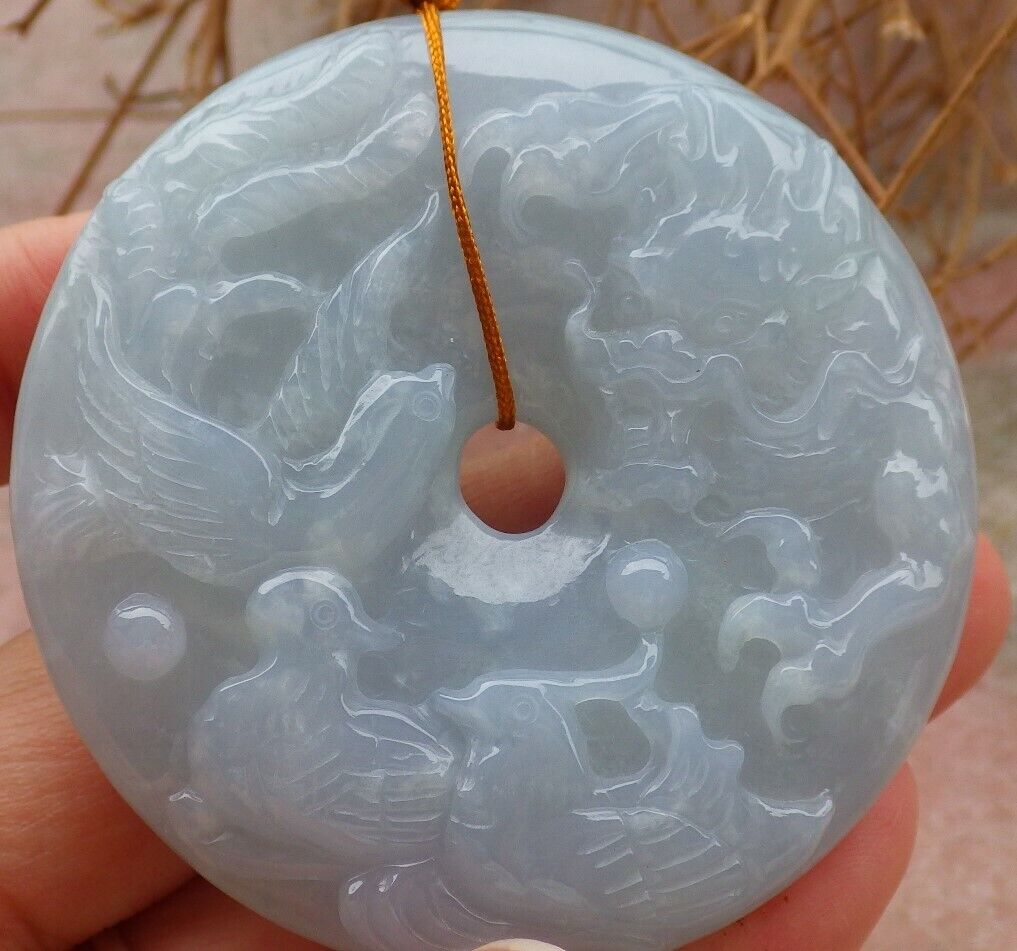 Certified Pale Green Lavender 100% Natural A Jade jadeite Dragon Phoenix 5 Bat Necklace 五福龙凤 519611 TN