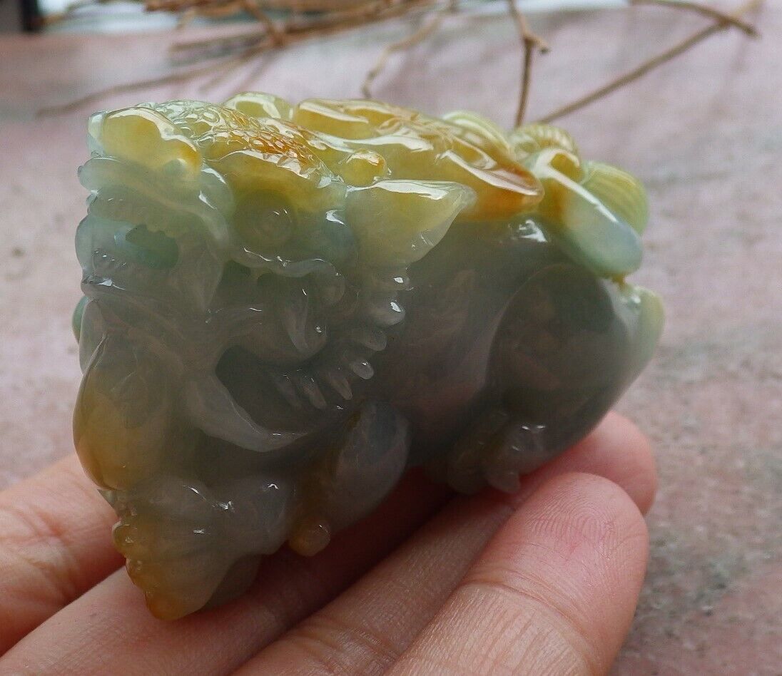 Certified Yellow Green Burma 100% Natural A Jade jadeite Display Dragon Pi Xiu Money Coin Lotus Flower Ruyi 风水貔貅 498174 TN