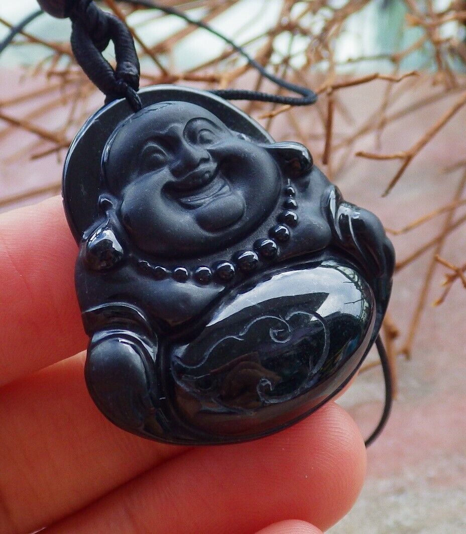 Certified Black Green 100% Natural A Jade jadeite pendant Happy Buddha God Necklace 墨翠 佛公 528946 TN