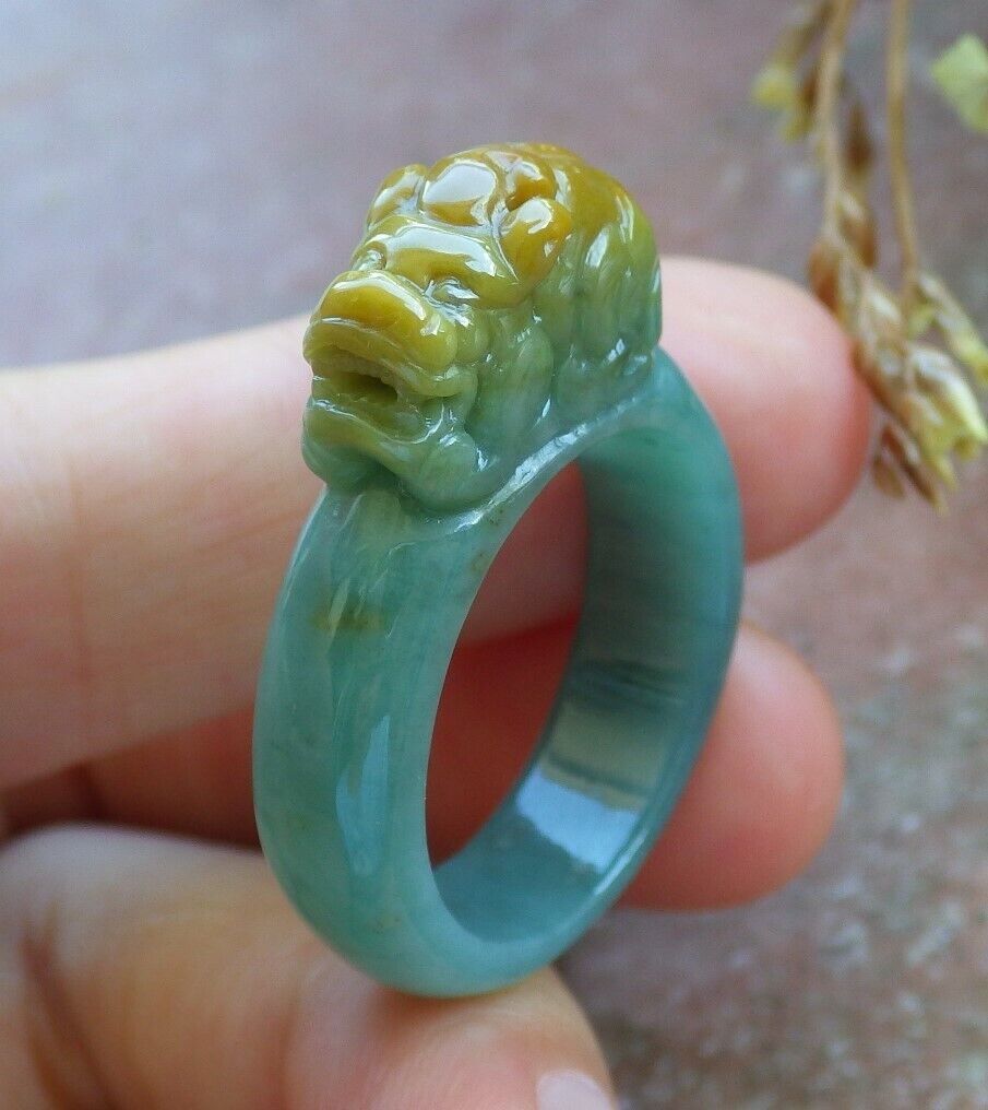 Certified Yellow Green 100% Natural A JADE Jadeite Dragon Pi Xiu RING USA. 9 戒指 529757 TN