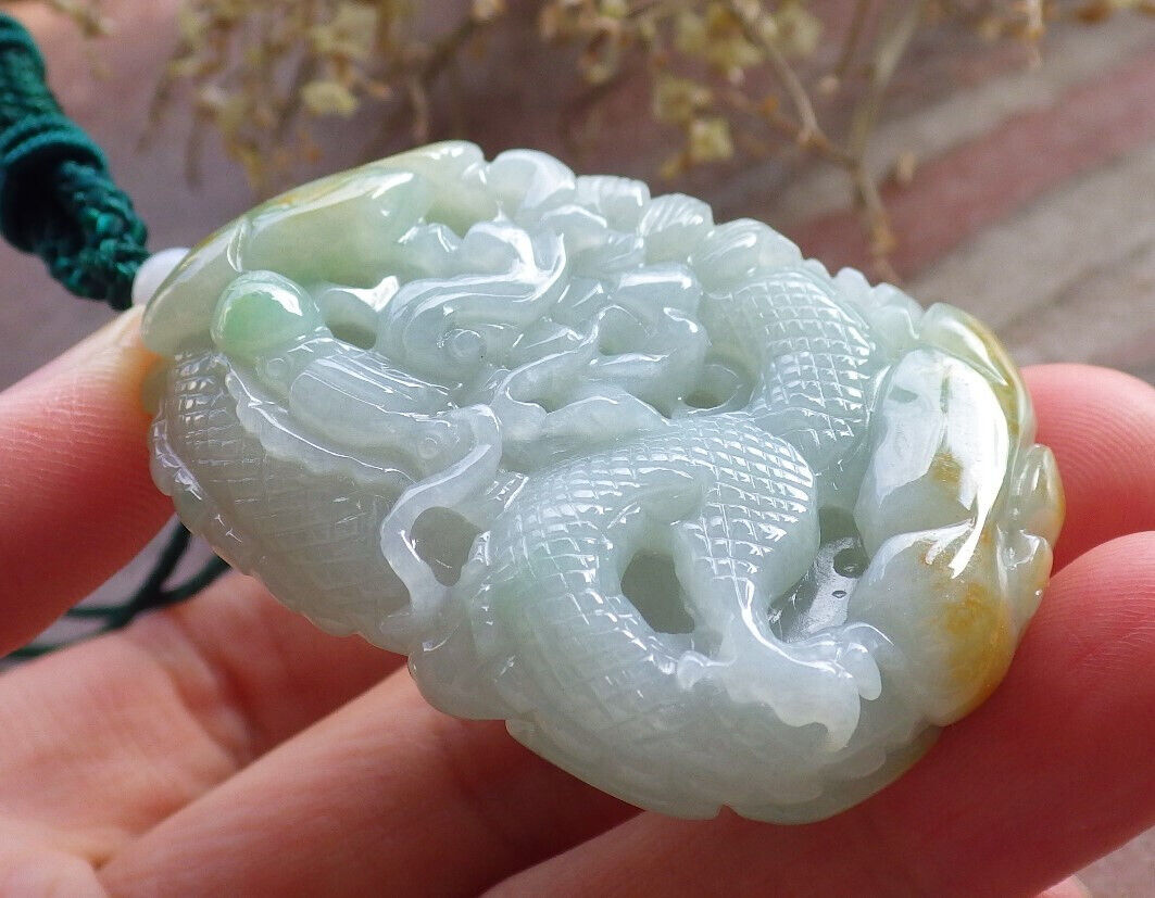 Certified Yellow Green Burma 100% Natural A Jade jadeite Pendant Dragon Ruyi Bead Necklace 生意兴隆 646776 TN