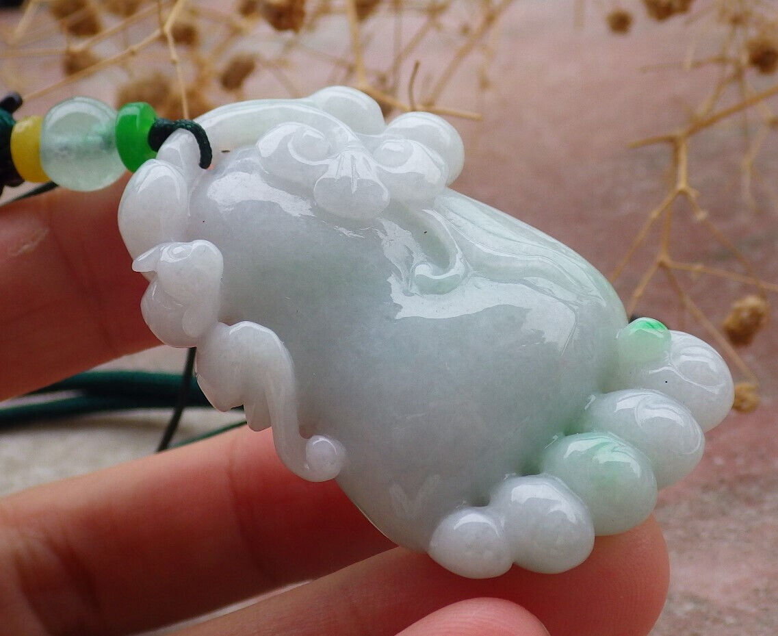 Certified Green Burma 100% Natural A Jade jadeite Pendant Bat Ruyi Foot Necklace 知足常乐 636969 TN