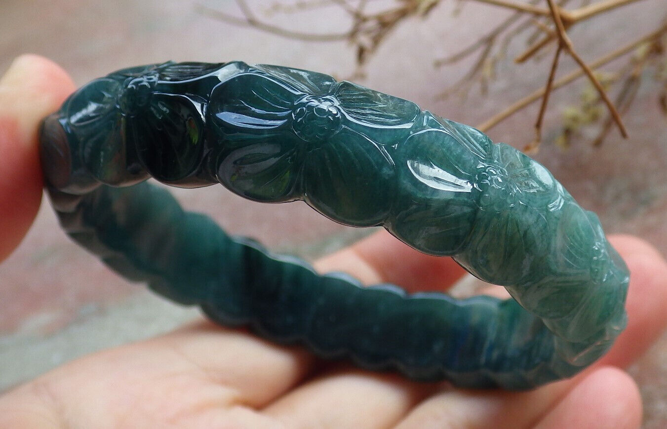 Certified Icy Blue Water Green Burma 100% Natural A JADE Jadeite Flower Bangle Bracelet 62 mm 635320 TN