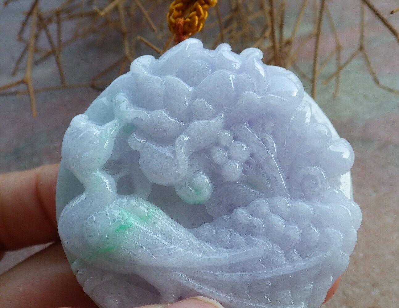Certified Green Pale Lavender 100% Natural A Jade jadeite Pendant Phoenix Bird Flower Necklace 鸟语花香 521055 TN