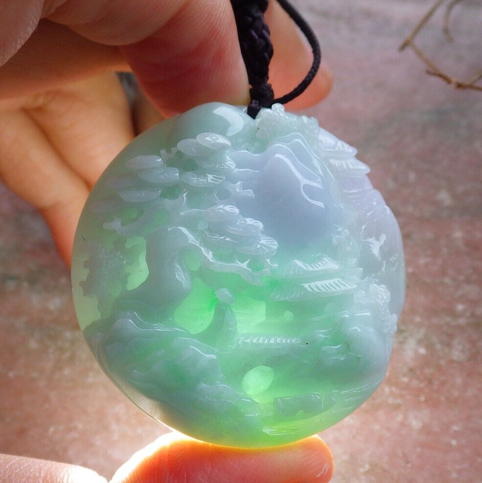 Certified Green Pale Lavender Burma 100% Natural A Jade jadeite Landscape painting Tree Necklace 山水画 528872 TN