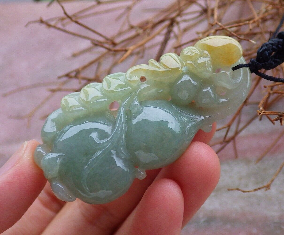 Certified Yellow Green 100% Natural A Jade jadeite Pendant Bat Gourd Lotus Flower Ruyi Necklace 蝙蝠 528172 TN