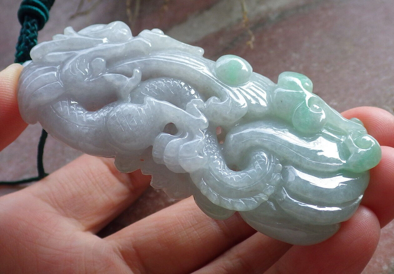 Certified Green Pale Lavender Burma 100% Natural A Jade jadeite Pendant Dragon Ruyi Coin Necklace 生意兴隆 646733 TN