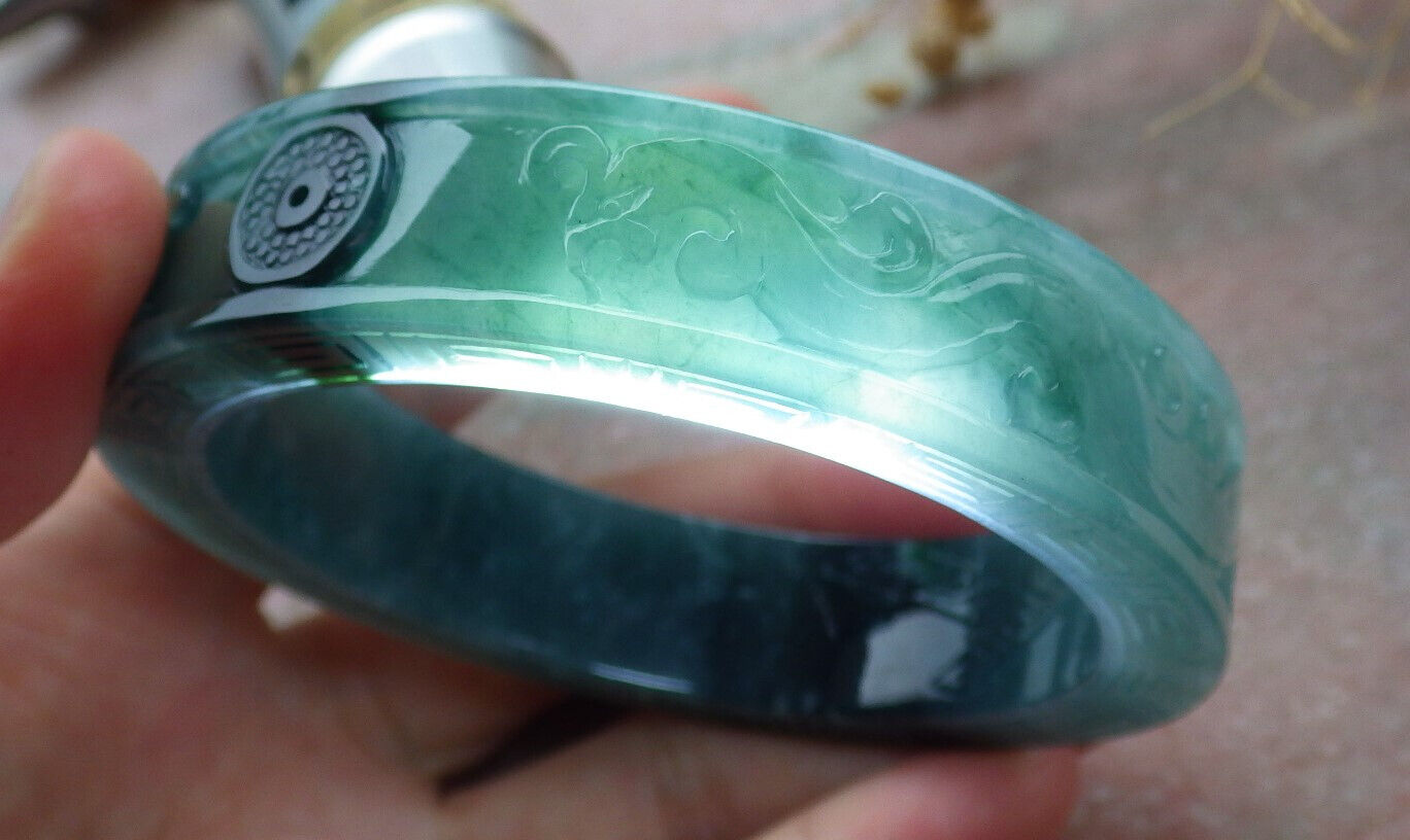 Certified Icy Green Burma 100% Natural A JADE Jadeite Dragon Phoenix Bangle Bracelet 58 mm 手镯 636336 TN
