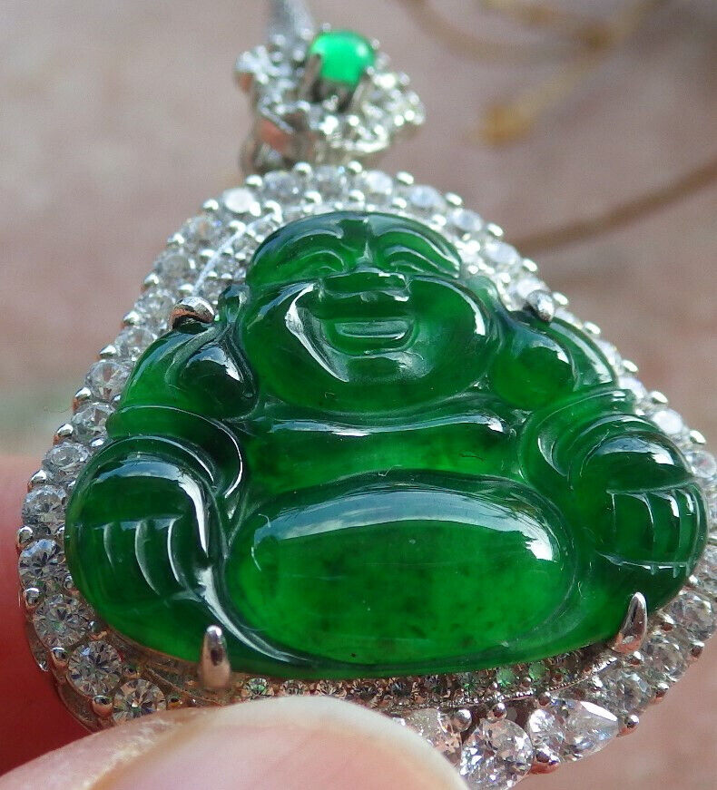 Icy Green Silver 925 Certified Burma 100% Natural A JADE Jadeite pendant Happy Buddha God Necklace 佛公 635107 TN