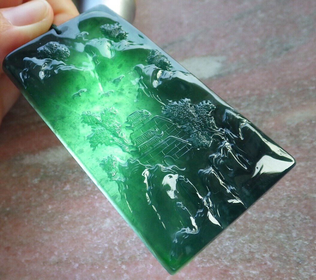 Certified Icy Blue Water Burma 100% Natural A Jade jadeite Pendant Landscape painting Tree Necklace 山水画 634260 TN