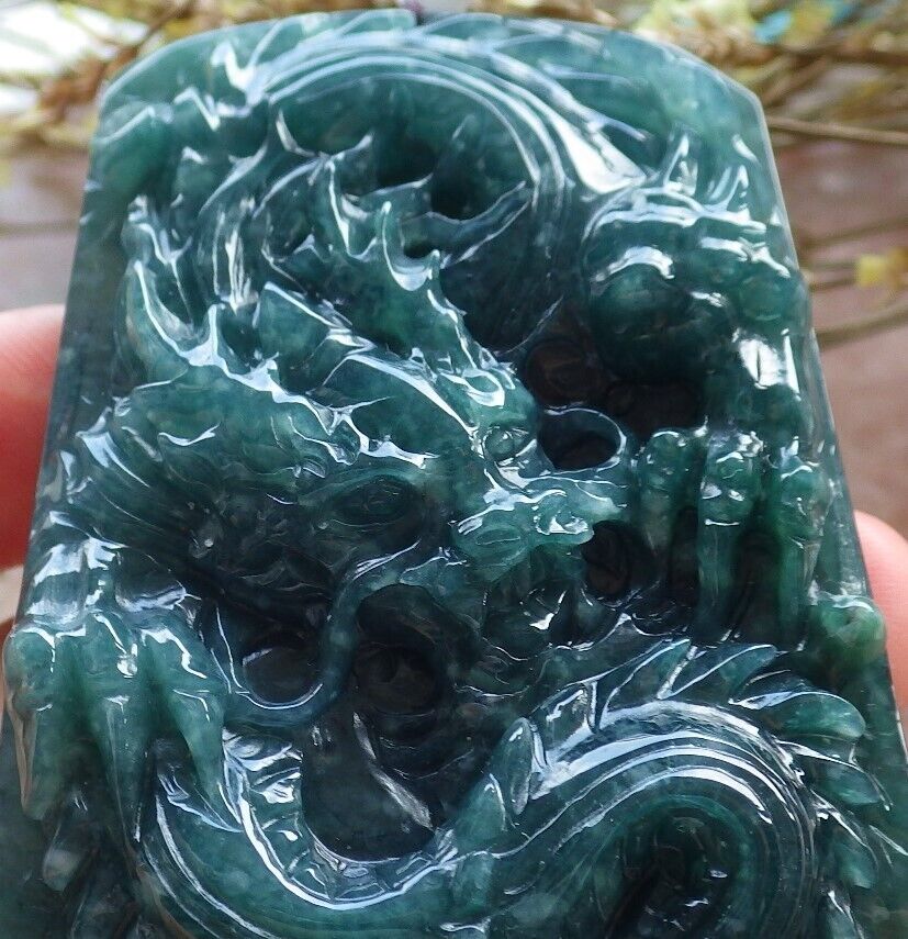 Certified Icy Green Burma 100% Natural A Jade jadeite Pendant Dragon Ruyi Necklace 生意兴隆 574732 TN