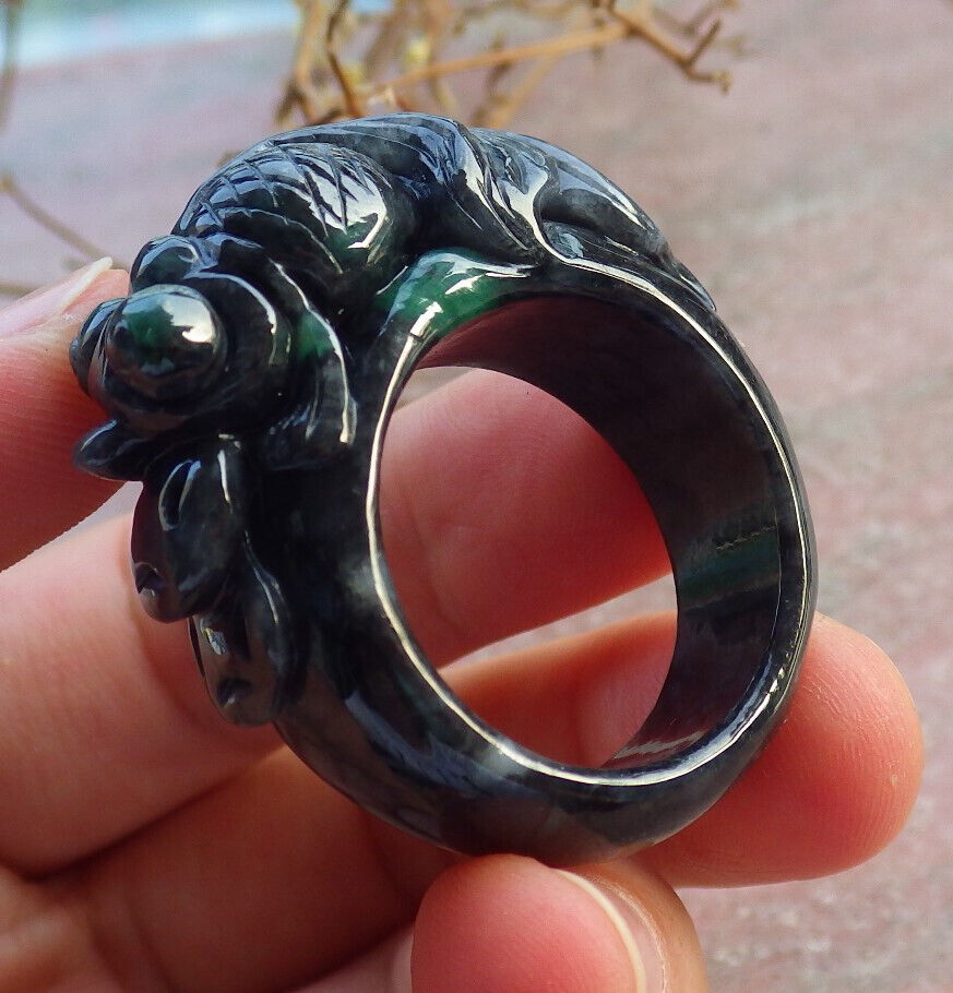 Certified Black Green Burma 100% Natural A JADE Jadeite Gold Fish RING USA. 12.5 戒指 634303 TN