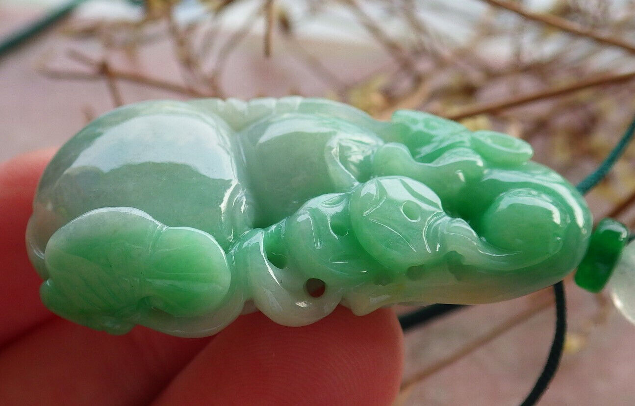 Certified Green Burma 100% Natural A Jade jadeite Pendant Mouse Rat Coin Ruyi Gourd Necklace 发财鼠 633909 TN