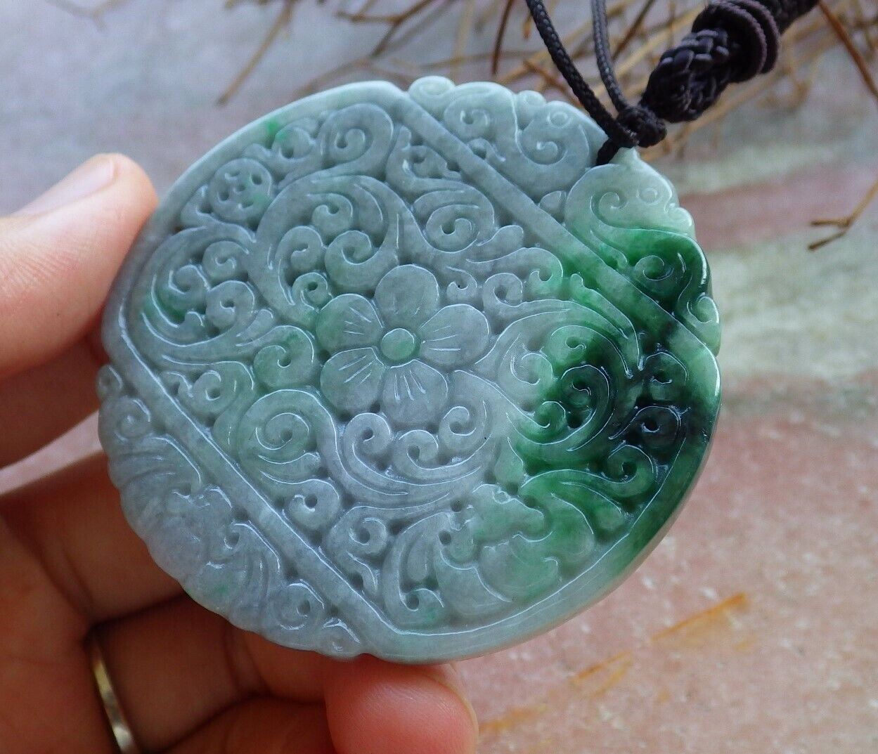 Certified Green Pale Lavender 100% Natural A Jade jadeite Pendant Bat Dragon Flower Coin Ruyi * Fu * Necklace 龙蝙蝠花牌 529263 TN